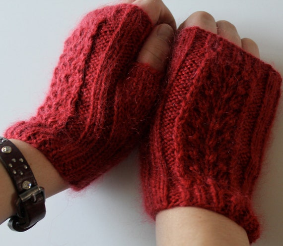 hand knit red lace fingerless gloves red fingerless gloves