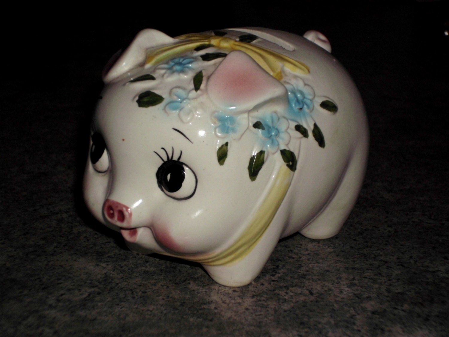 Vintage 1950s Hand Painted Ceramic Piggy Bank Old Style