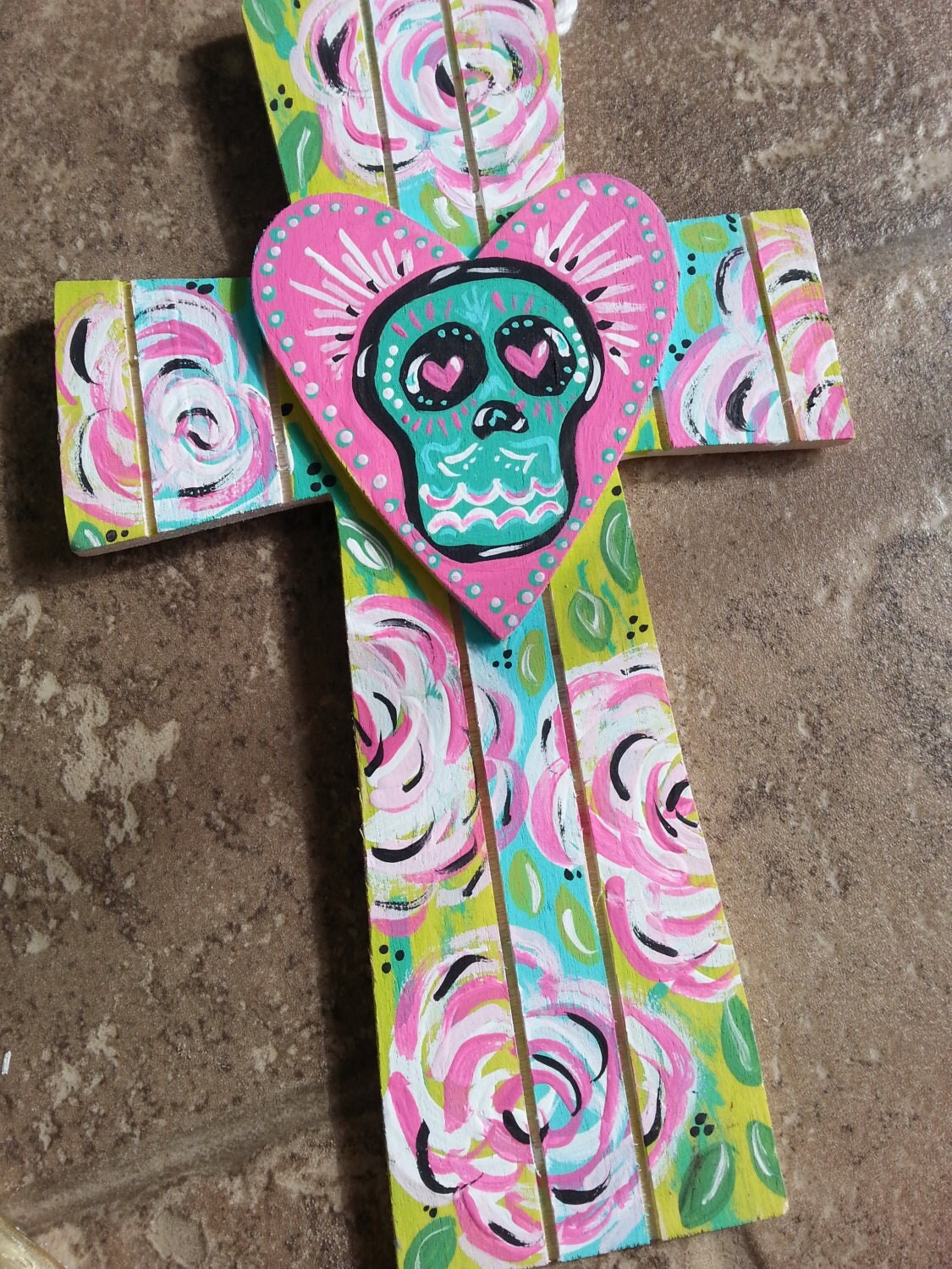 Pink and Teal Skull Cross by floralskull on Etsy