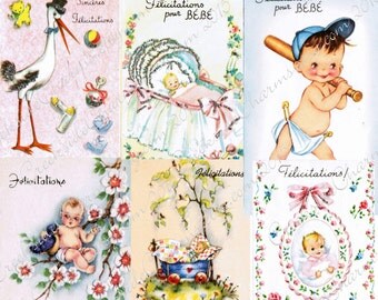 1960's French Baby Cards Digital Images PDF / Instant download Baby Gift Card Images / bébé carte / Carte Félicitations pour une naissance