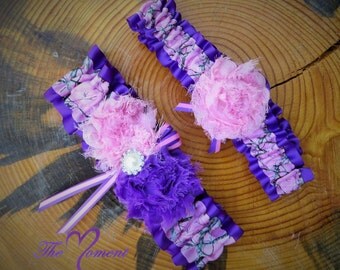 Pink Camo Garter with Purple, Camo Wedding Garter Set, Pink and purple Garter, Handmade Garter Set, Camo Wedding, Purple Camo, Prom Garter