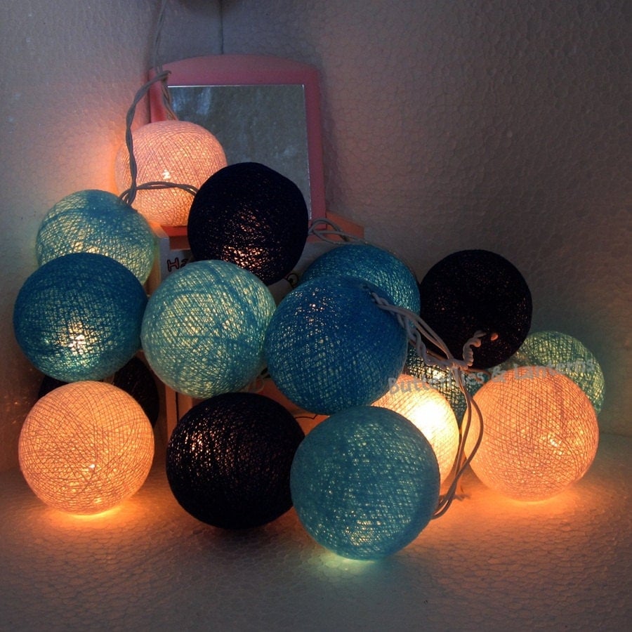 Blue Tone Mixed 4 Color (Navy Blue, Blue, Light Blue, White) Cotton Ball Fairy String Lights Handmade item For Party lighting, decoration