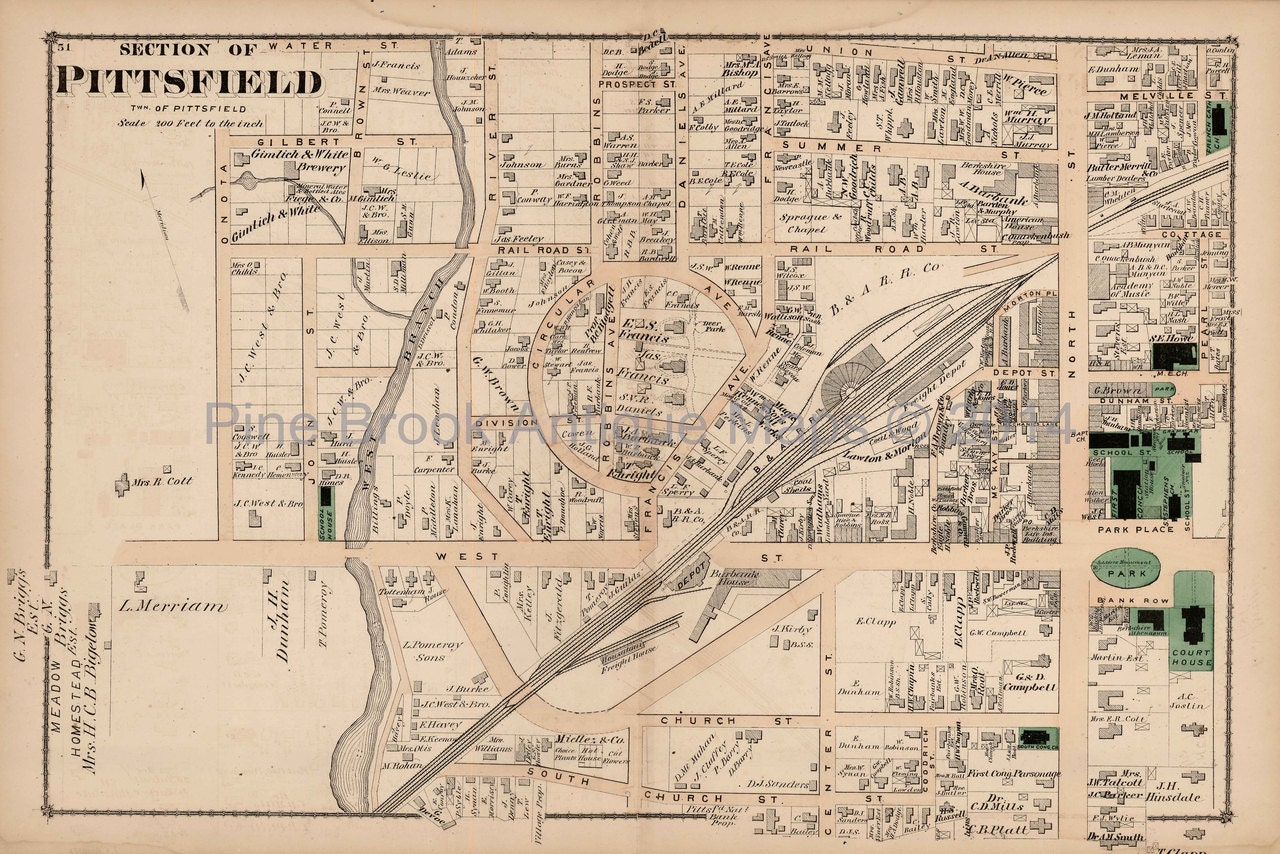 Pittsfield Massachusetts Antique Map By Pinebrookantiquemaps 1349