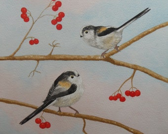 Bird Painting, Bird Watercolour, Long-tailed Tit, original watercolour, wildlife painting, large signed art