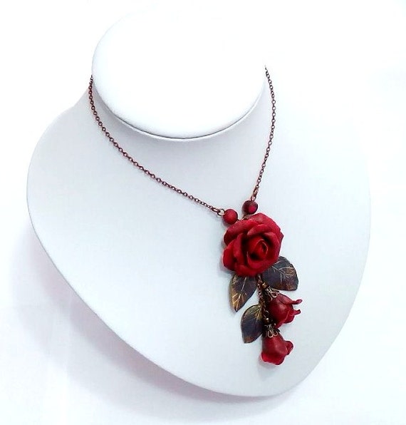 Red Pendant Rose Pendant necklace Leaf by NikushJewelryArt on Etsy