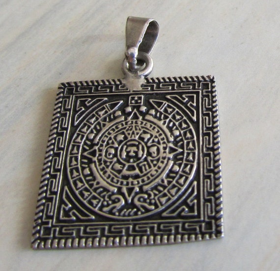 Sterling Silver Aztec Calendar Square Pendant Stamped Mexico