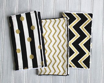 Burp Cloth Set- Gender Neutral Gold, Black and White Baby Burp Cloths - Set of 3 Minky Dot Burp Cloths - Gold and Black Chevron and Dots