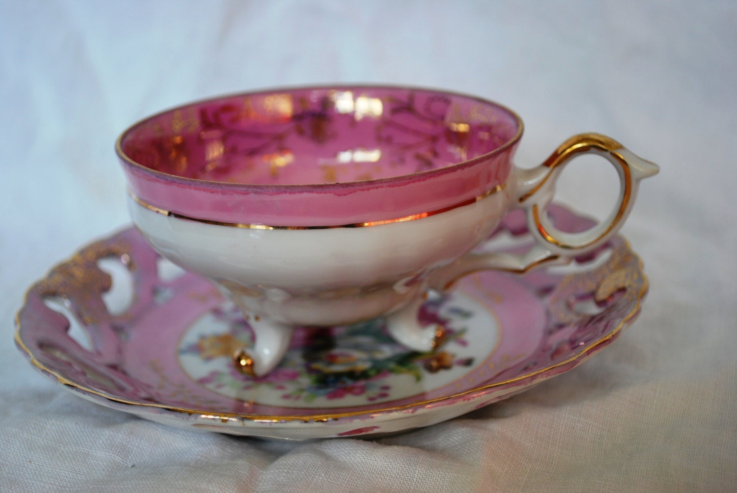 Vintage Lusterware footed tea cup white and pink with roses