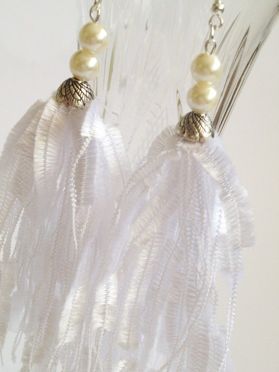 Boho earrings/ Long Ladder Yarn Earrings/ Yarn Earrings/ White