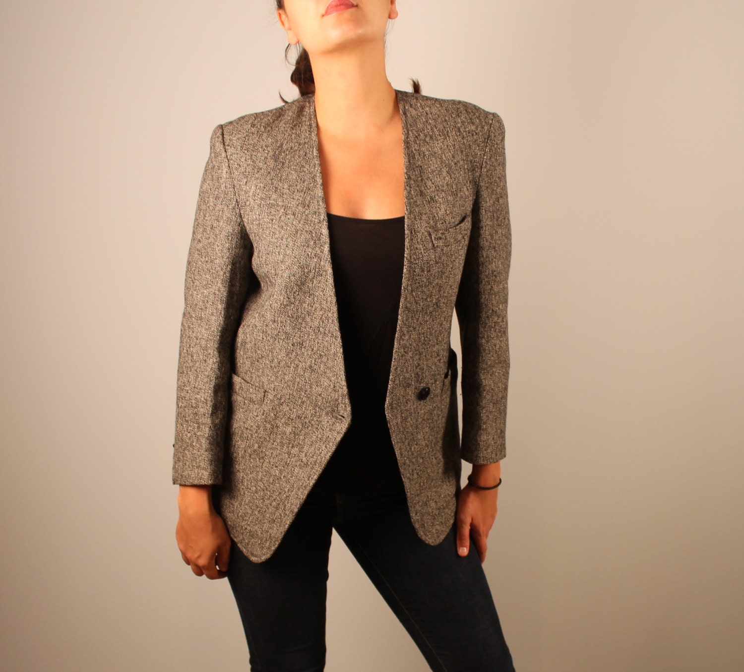 Vintage wool blazer grey no collar blazer by dameetdemoiselle