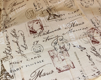 French script fabric,linen fabric,newspaper fabric,eiffel tower fabric,letter print fabric,vintage curtain fabric,linen tablecloth fabric