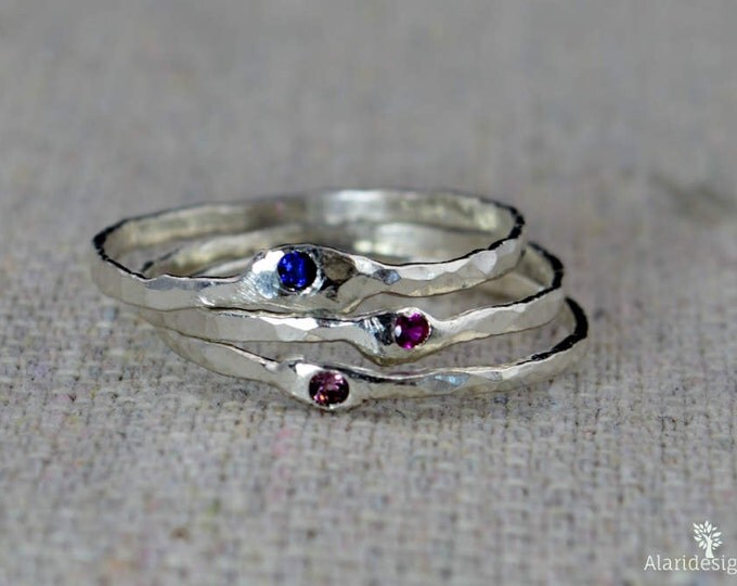 Grab 4-Thin Freeform Mother's Rings, Birthstone Ring, Stacking Rings, Silver Birthstone Rings, Mother's Gemstone Ring, Pure Silver Rings