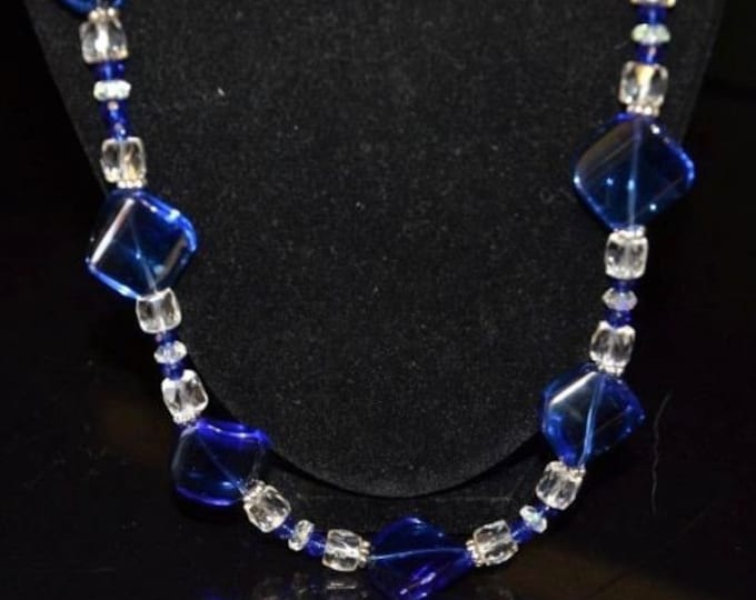 Storewide 25% Off SALE Vintage Cobalt Blue and Classical White Czech Crystal Glass Necklace Featuring Silver Tone Setting and Beautiful Mode