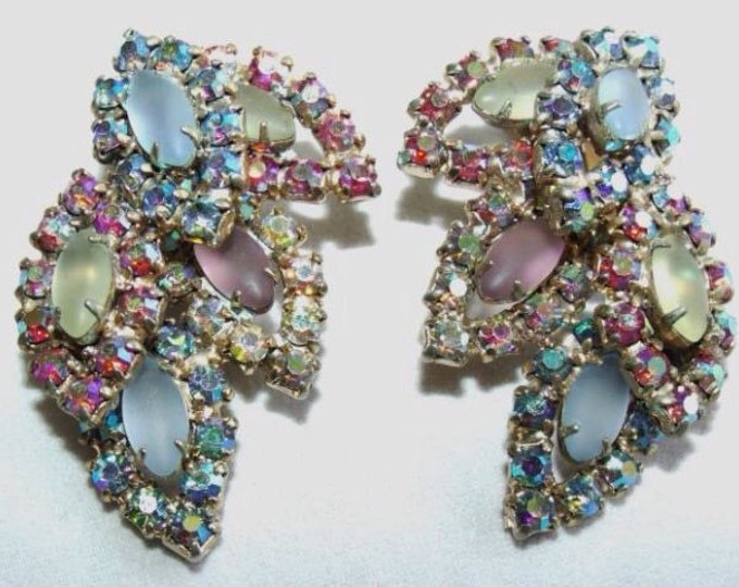 Storewide 25% Off SALE Oversized Jumbo Vintage Angel Wing Iridescent Floral Satin Glass Designer Clip Earrings Featuring Pastel Tiered Style