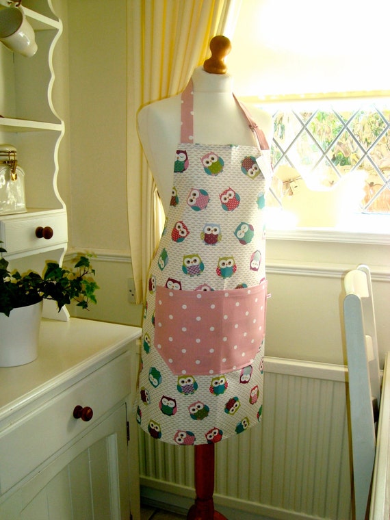 Owls Ladies' Apron, Owls and Pink Dotty Apron, Adjustable Full Apron