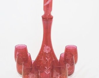 Vintage Cranberry Etched Glass Decanter & Glasses