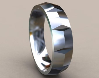 Silver 6mm Mens Wedding Band, Knife Edge Faceted 925 Sterling Silver Wedding Ring, Classic Mens Wedding Band with a Designer Detail to it
