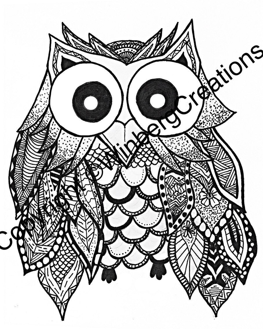 Owl Portrait. Pen and Ink art Black and white by WinbergCreations