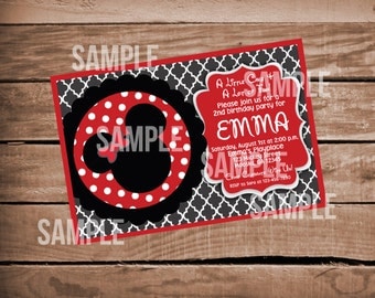 Minnie Mouse Red Invitation with Grey Quatrefoil