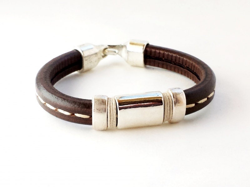 Stiching brown leather bracelet for men leather by karambolastyle