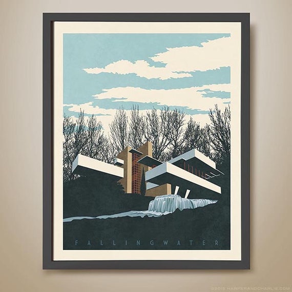 Famous American Architecture fallingwater. frank lloyd wright. architectural print. famous Famous American Architecture fallingwater. frank lloyd wright. architectural print. famous