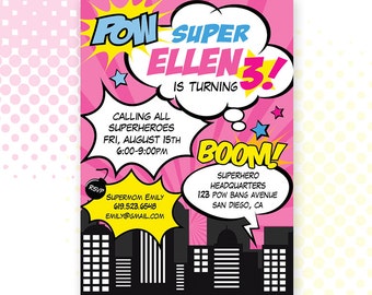 Custom PRINTABLE Superhero Girl Birthday Invitation / Invite / Pink Super Hero / Digital