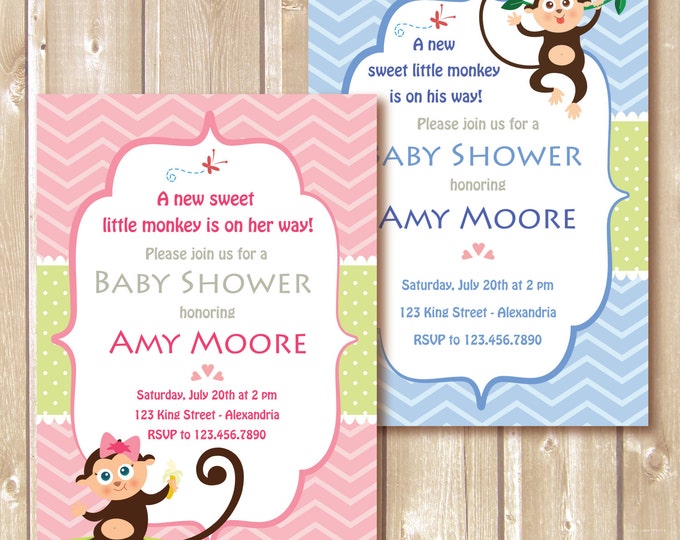 Baby Shower Invitation. Baby girl. Baby boy. Chevron style babyshower invitation. Monkey babyshower. Printable