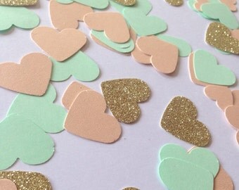Mint green, peach gold glitter heart confetti - hand made confetti! Table decoration, wedding & party!