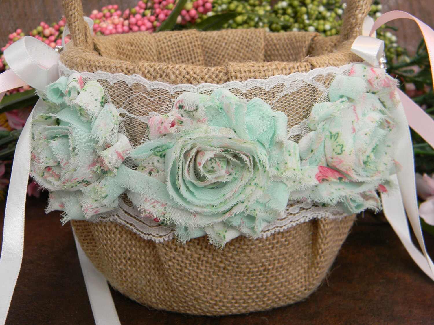 Burlap Flower Girl Basket Mint and Pink by PrettyCountryBridal