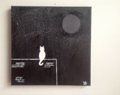 canvas acrylic, painting, cat on a wall, size 20x20cm, original, silhouette, cat, moon