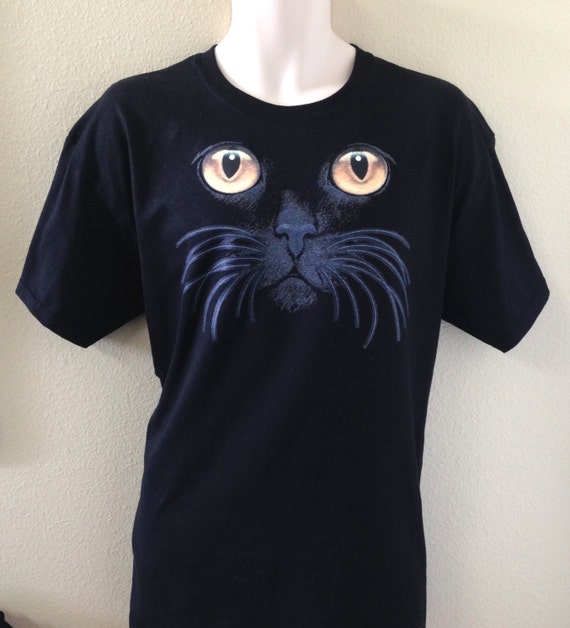 Mens or Womens Black T-Shirt Yellow Cat Eyes Face by KATandLuLu