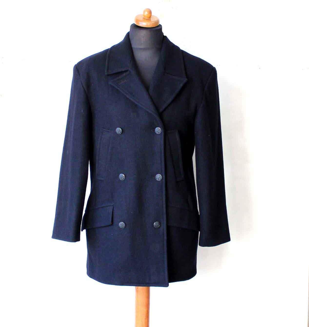 Women's Navy Blue Wool Double Breasted Pea Coat of Coarse