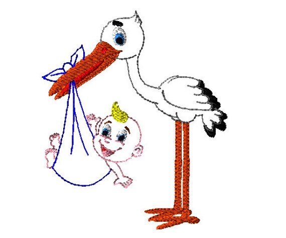 Stork with baby embroidery design pattern by LJDigi on Etsy