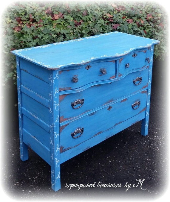 Distressed Antique vintage wavy Upcycled shabby chic, country cottage, french country, blue dresser with stenciling ! Chalk paint, waxed