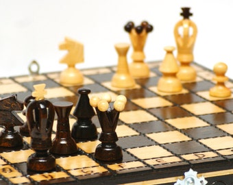 Wooden chess set, small chess board and pieces, hand carved board and pieces, wooden chess pieces, wooden chess board, wooden chess game