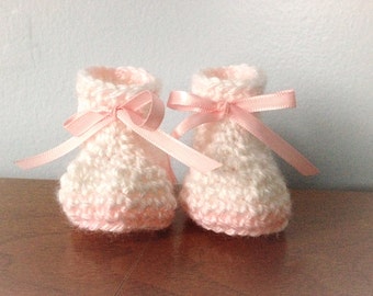 Hand Crochet Preemie Baby Girl Booties w/ Ribbon - Handmade Baby ...