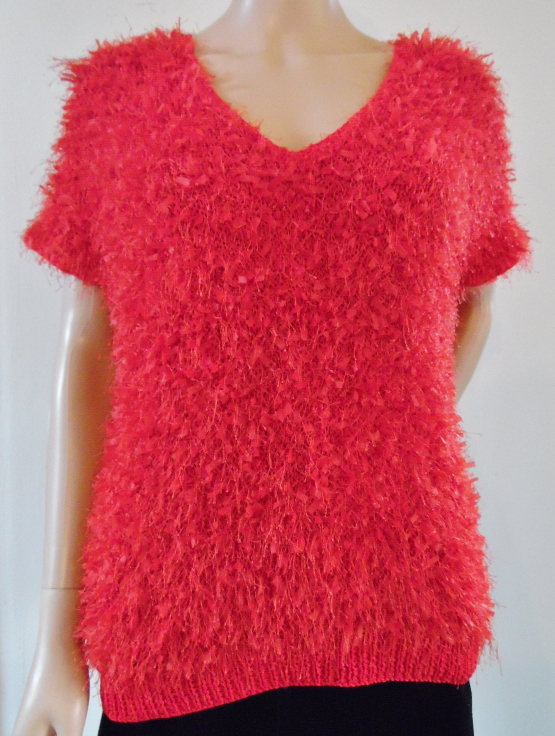 Vtg womans bright red fluffy knit top red v neck top womans red fluffy ...