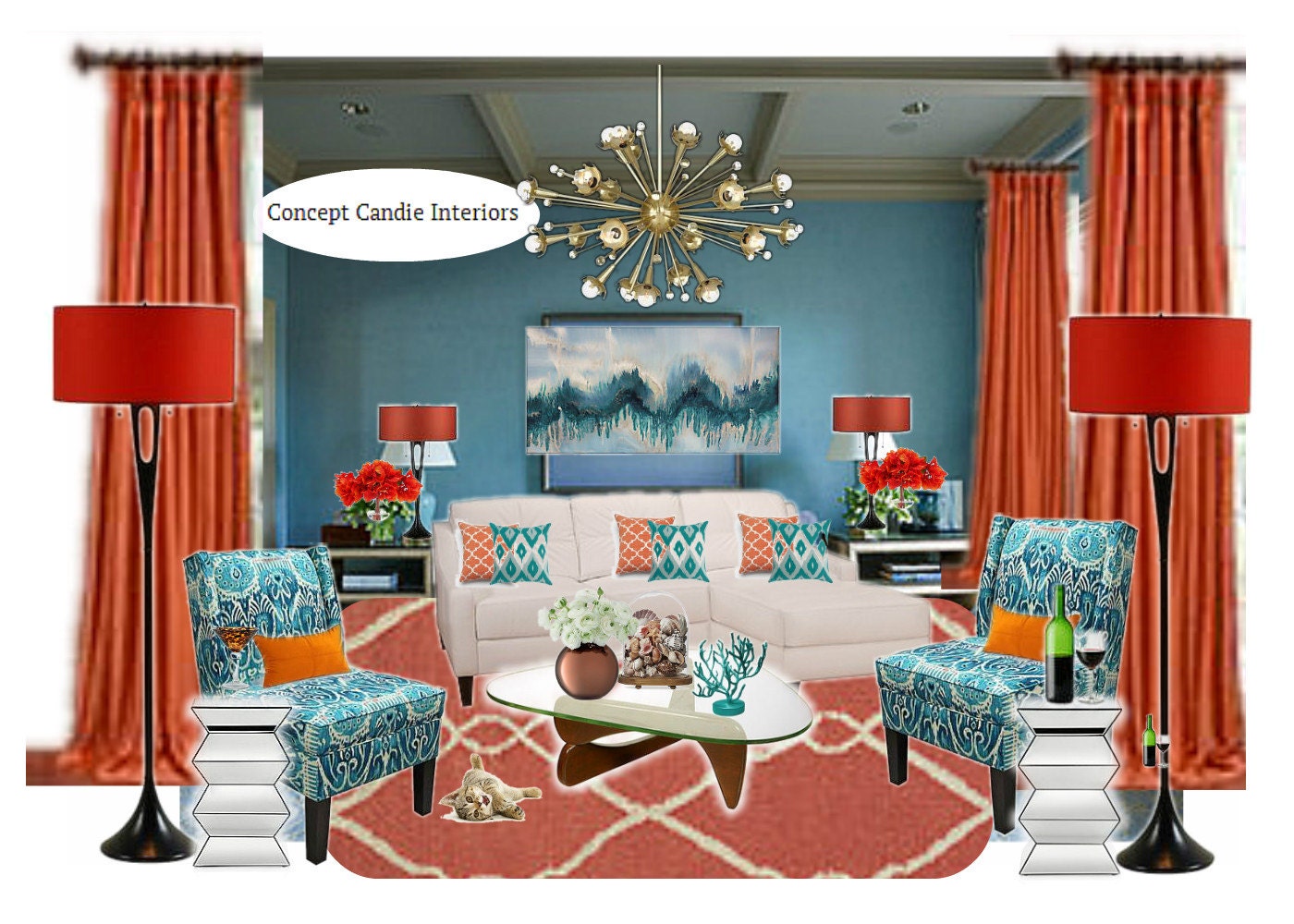 orange teal living room