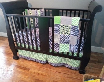 Crib bedding set, navy blue and lime green, crib skirt, fitted sheet, patchwork baby blanket, pillow case cover
