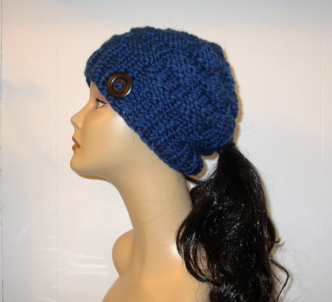 Chunky Knit Sapphire Blue Ponytail Hat Beanie Pony Tail Hole