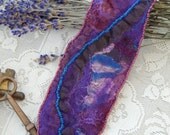 Bracelet: purple blue and brown nuno felted silk and merino beaded cuff wrist warmer with adjustable copper clasp.  Boho style, casual