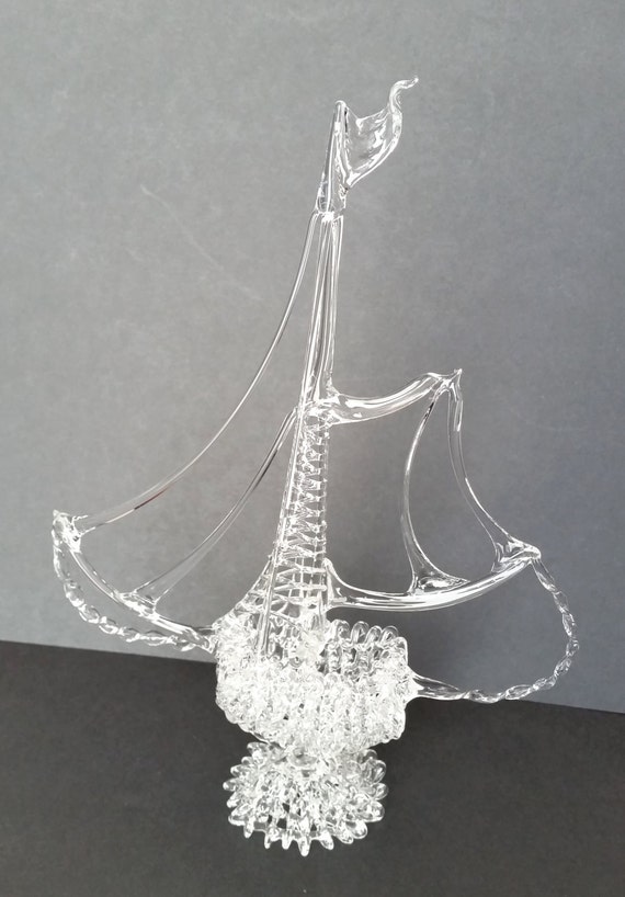Vintage crystal clear Spun glass sailing boat figurine statue