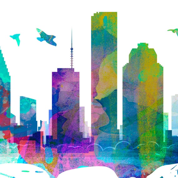 Houston Skyline Print Gift Texas Watercolor City