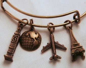 Bronze European Travel Bangle, Inspired by Charm bracelet, Big Ben, Globe, Eiffel Tower, Plane, London, paris france, traveler, world explor