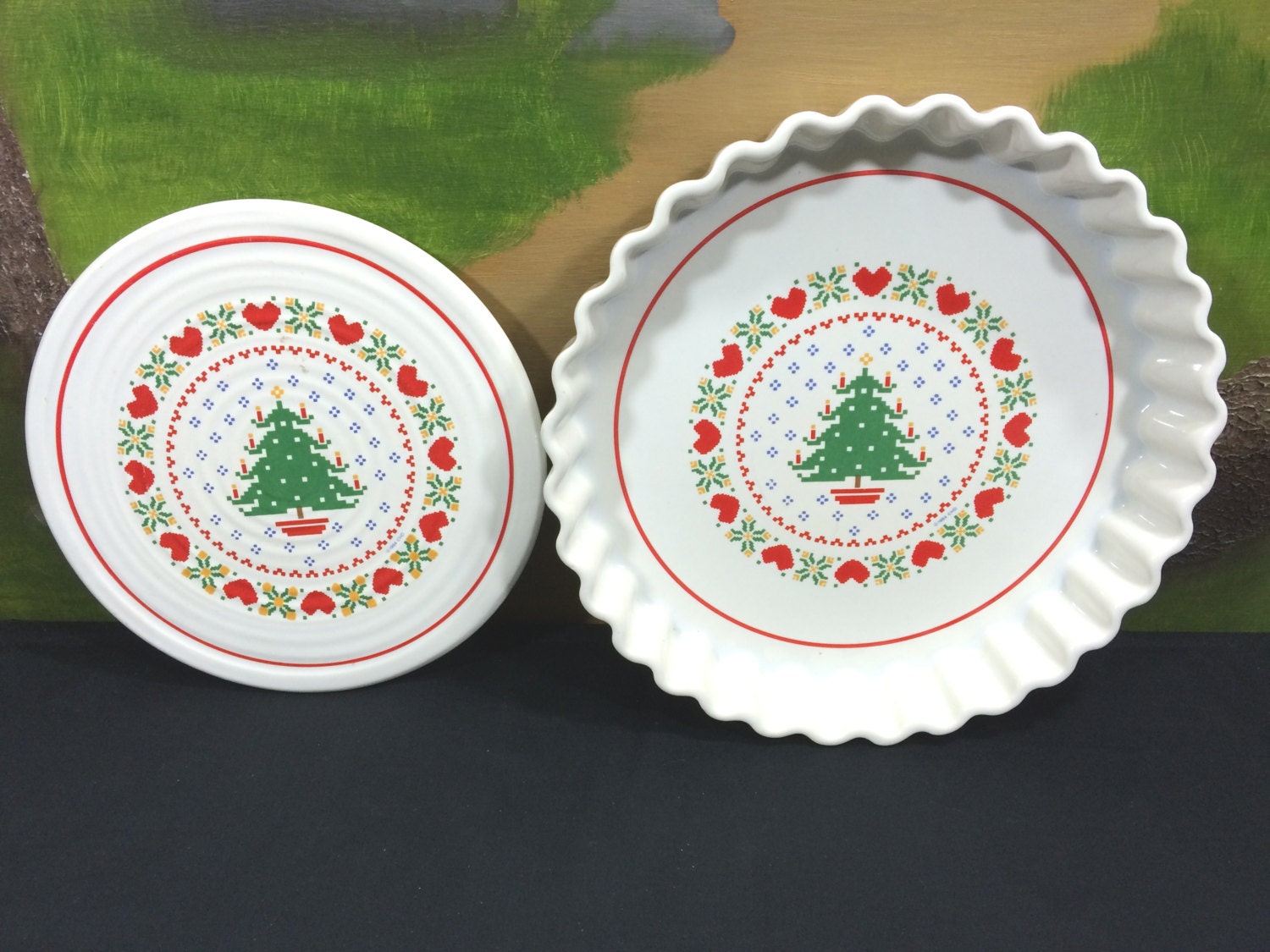 Vintage Treasure Craft Christmas Quiche Pie Plate Gratin Pan Baking Dish And Trivet Hot Plate
