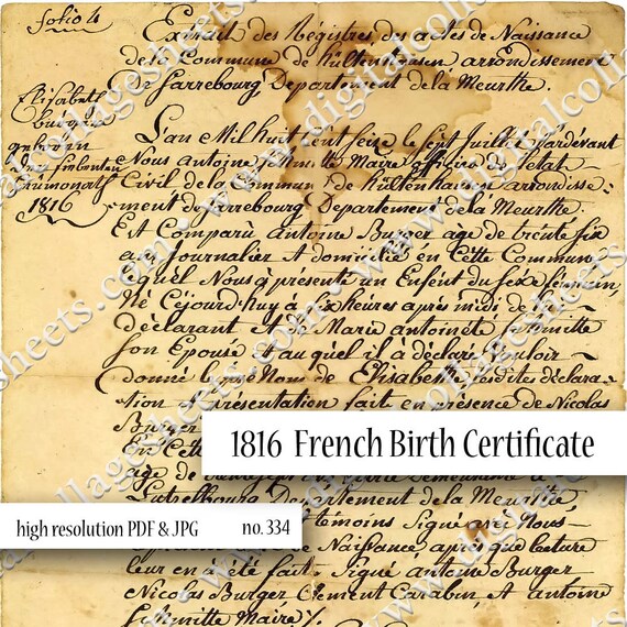 French Birth Certificate 1816 Antique Digital Collage Sheet