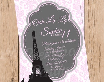 Tween Birthday Invitations, Paris Invitations, Teen Birthday Invites, Eiffel Tower Invitations, Ooh La La, Paris Party, Printable, Digital