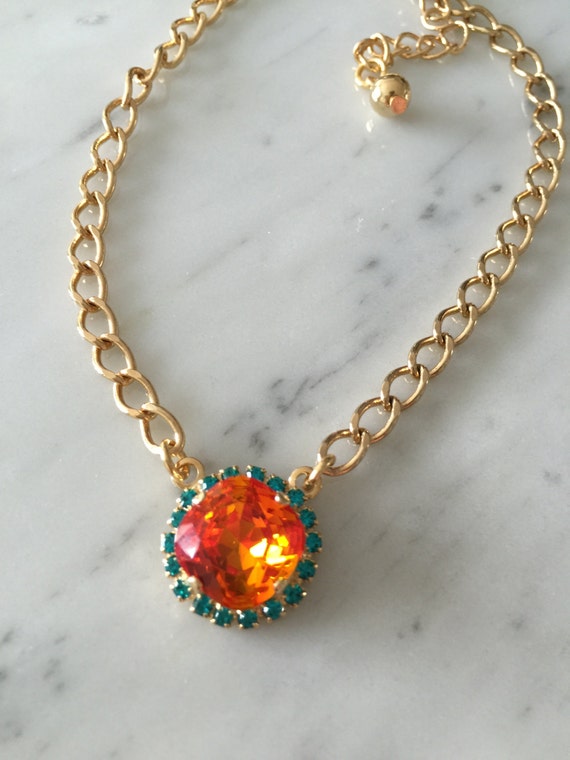Tangerine Crystal Necklace, Swarovski Crystal and Rhinestone Necklace, Swarovski Tangerine Pendant, Orange Crystal Pendant