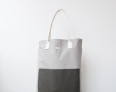 Light grey canvas tote, brown front pocket, cotton handles, everyday tote bag, tote school bag, brown and orange