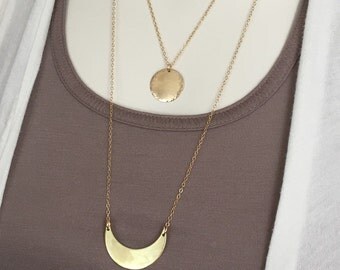 Moon Crescent Long Necklace, Brass Necklace, Boho Necklace, Layering Necklace